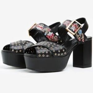 The Kooples Embroidered Leather Mid-High Heeled Sandals